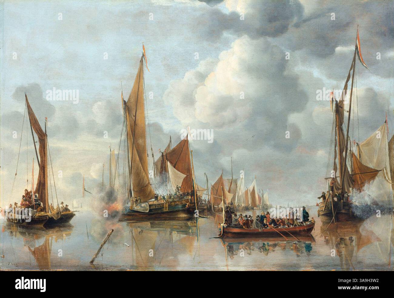 Öl auf Tafelgemälde der niederländischen Heimatflotte mit Gruß an die staatlichen Binnenschiffe vor Anker gemalt von Jan Van de Cappelle 1650 Kunstwerk Bild Wanddekoration Poster aus dem 17. Jahrhundert Stockfoto