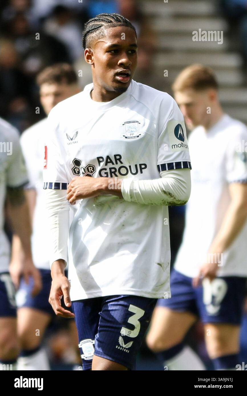 Preston, Großbritannien. 30. März 2025. Deepdale, Preston, England, 30. März 2025: Jayden Meghoma (3 Preston North End) während des Emirates FA Cup Quarter Final-Spiels zwischen Preston North End und Aston Villa in Deepdale in Preston, England am 30. März 2025. (Sean Chandler/SPP) Credit: SPP Sport Press Photo. /Alamy Live News Stockfoto