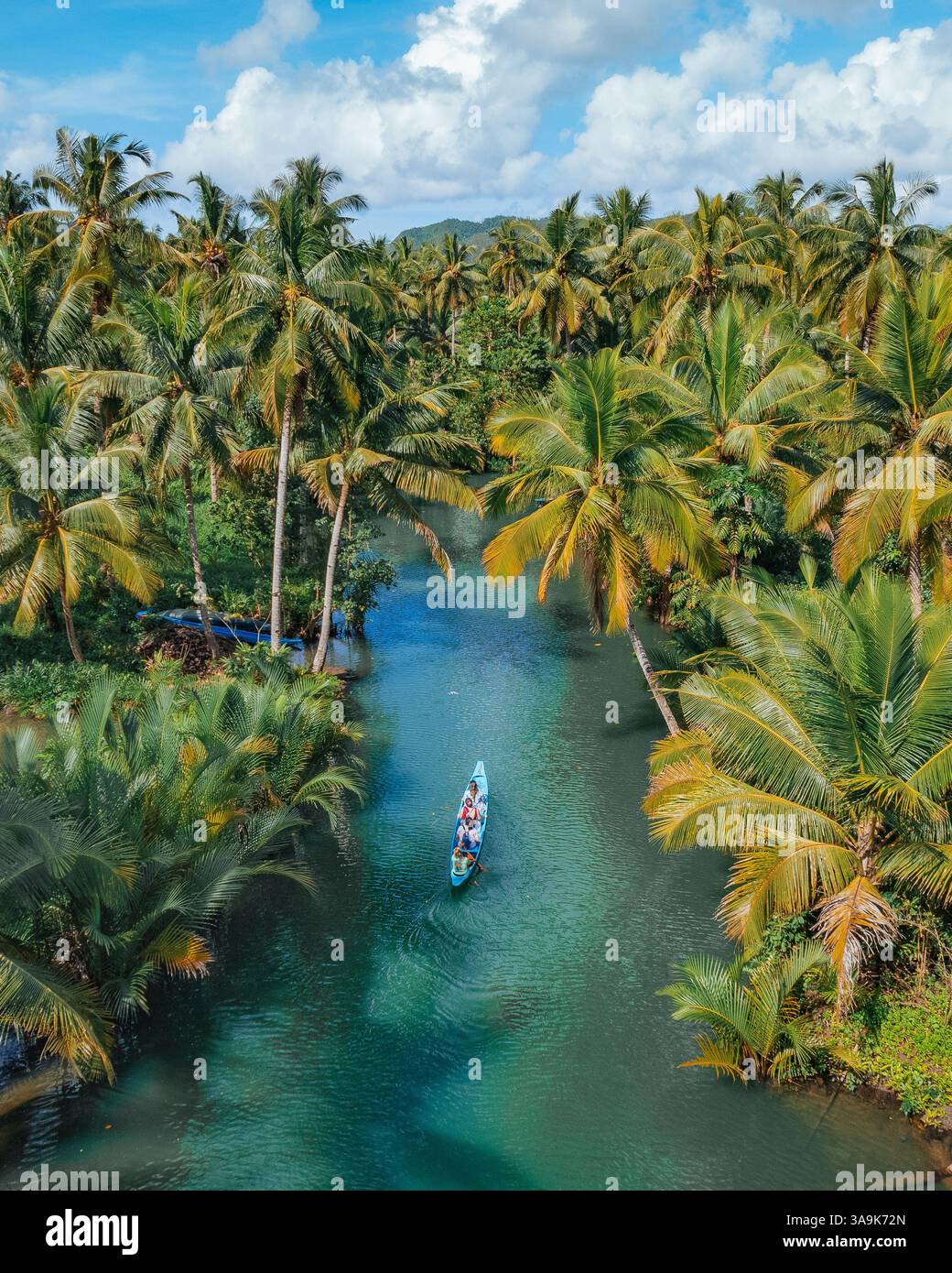 Malerische Bootstour auf dem Maasin River in Siargao – Eine ruhige Reise durch üppiges, von Palmen gesäumtes Wasser mit der berühmten Bent Palm Tree und dem atemberaubenden tropischen S Stockfoto