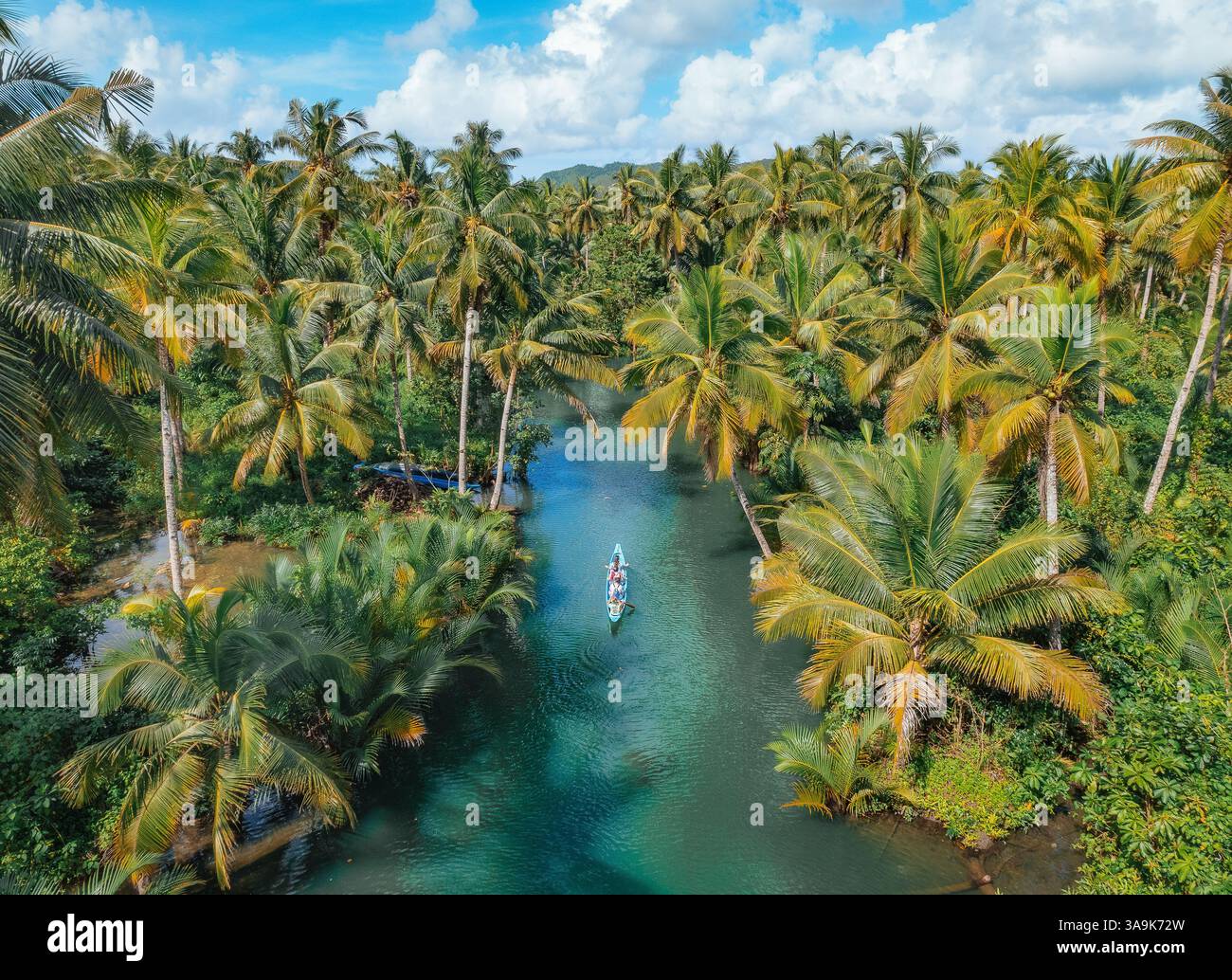 Malerische Bootstour auf dem Maasin River in Siargao – Eine ruhige Reise durch üppiges, von Palmen gesäumtes Wasser mit der berühmten Bent Palm Tree und dem atemberaubenden tropischen S Stockfoto