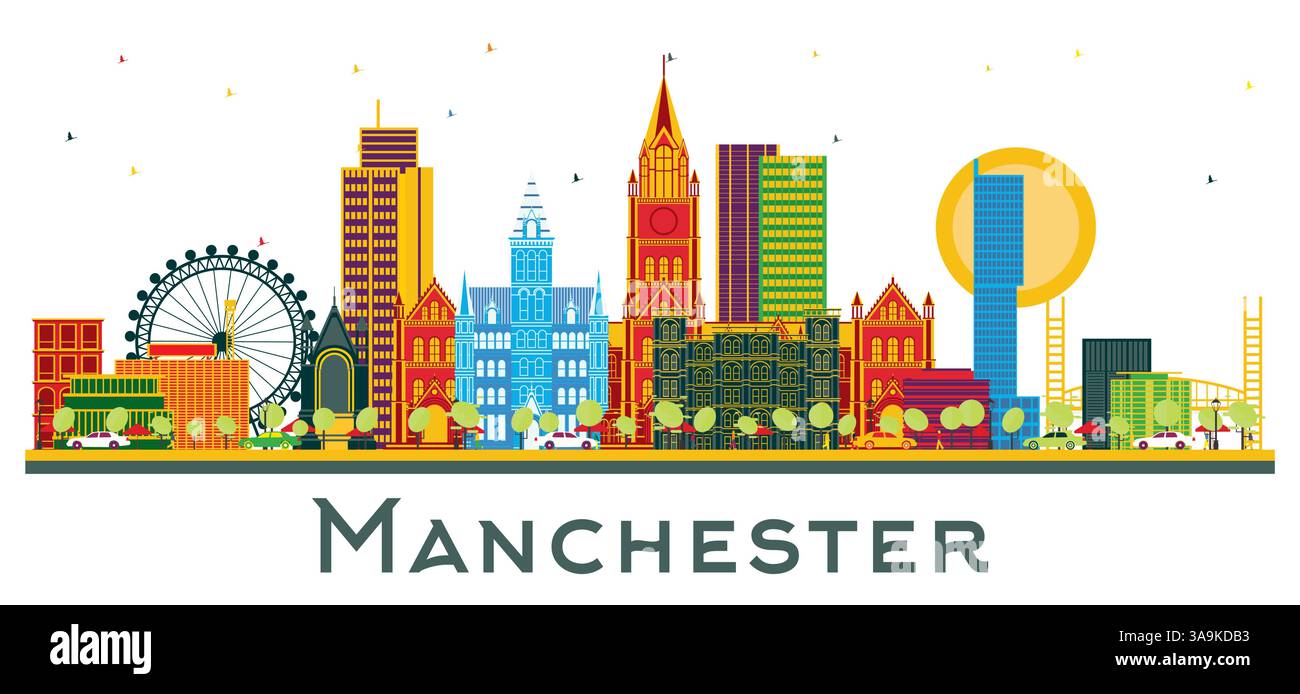 Manchester Skyline mit Farbgebäuden isoliert auf weiß. Vektorabbildung. Business Travel and Tourism Konzept mit moderner Architektur. Stock Vektor