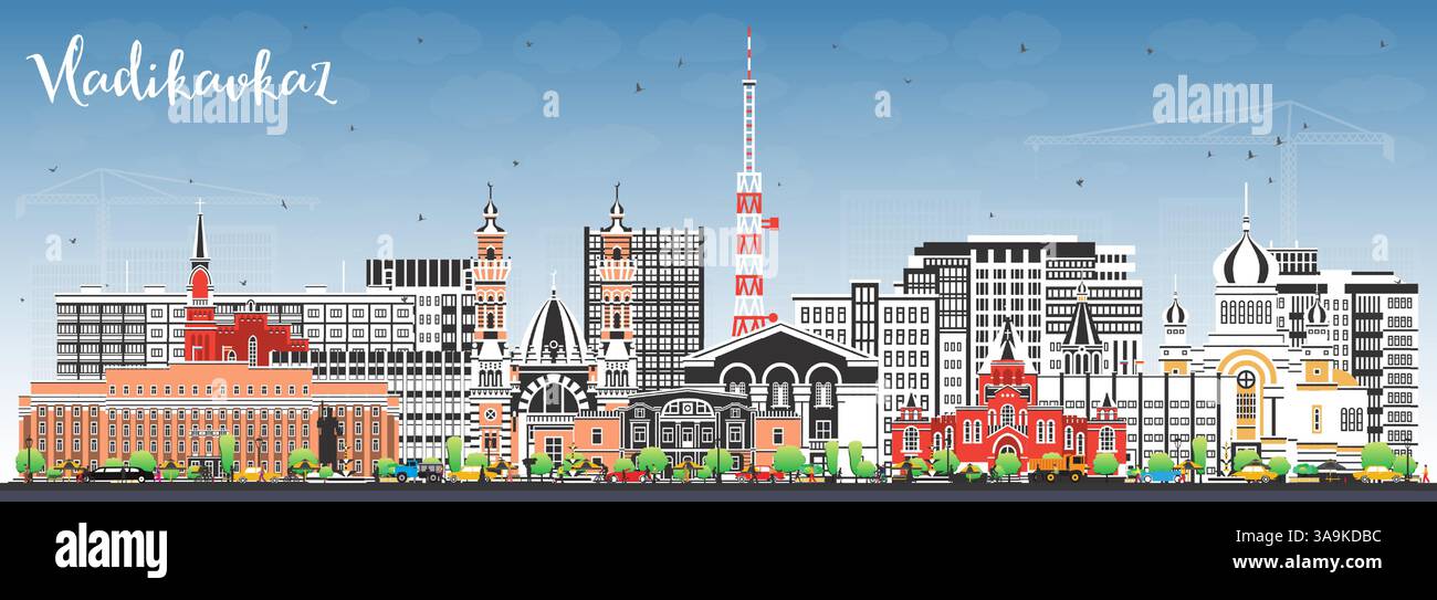 Wladikawkaz Russland Skyline mit farbigen Gebäuden und blauem Himmel. Vektorabbildung. Wladikawkaz Stadtbild mit Wahrzeichen. Stock Vektor