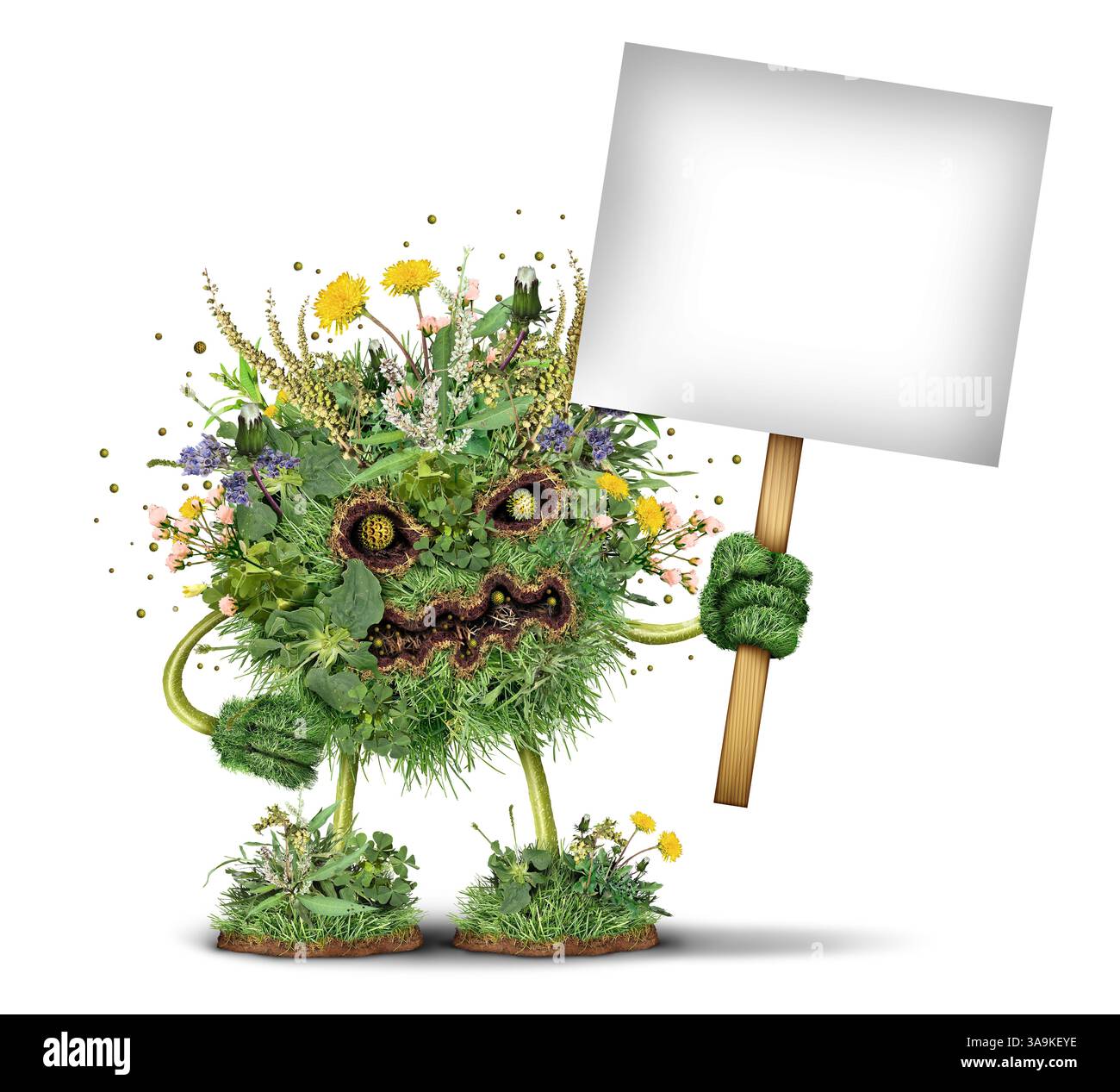 Saisonales Allergie-Monster mit Schild als Symbol für Allergien im Frühling und Herbst, mit Pollen, die Niesen verursachen, verstopft und juckende Augen mit Ragw Stockfoto