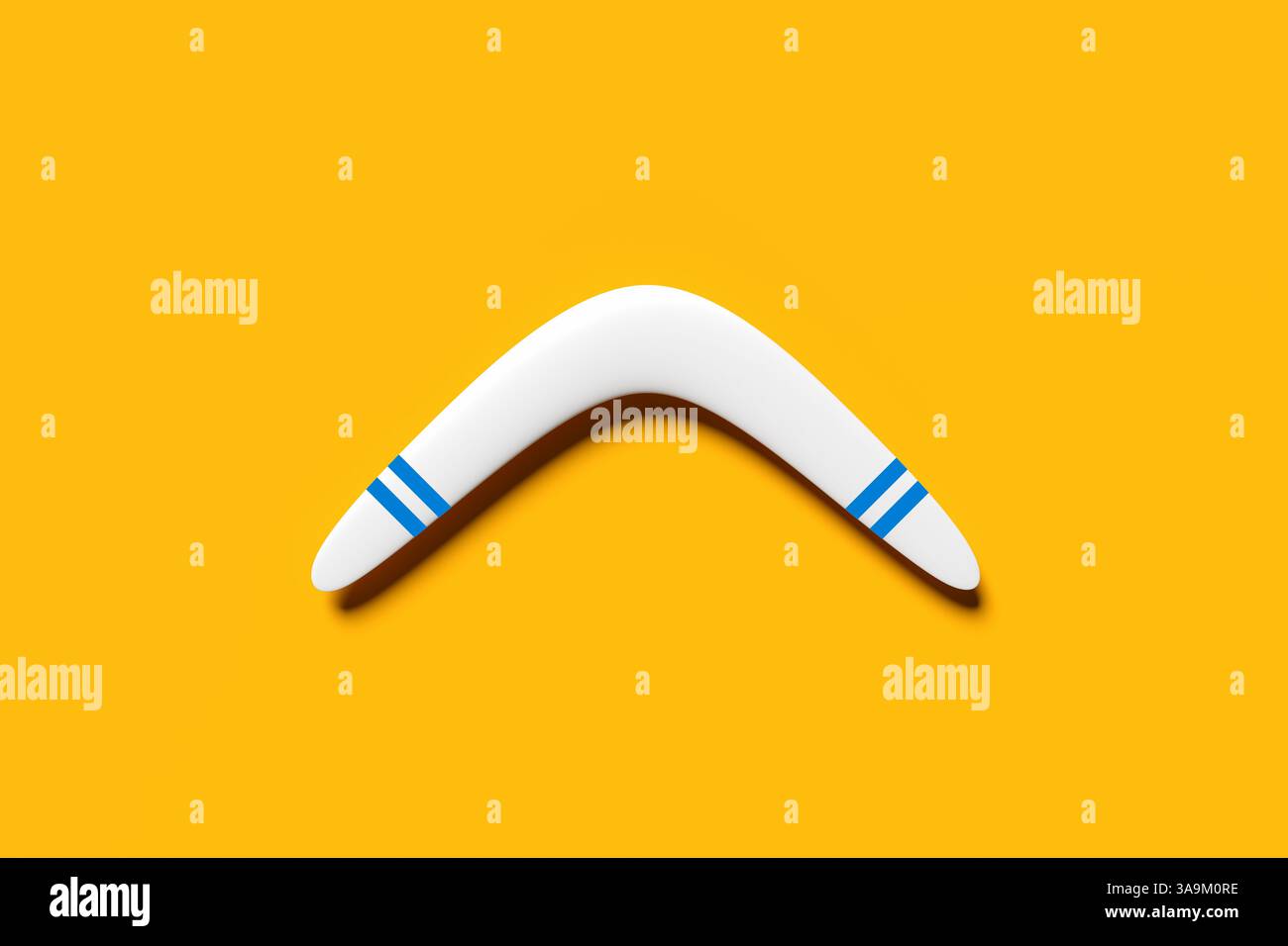 Minimalistisches Bild eines weißen Bumerangs mit blauen Streifen auf gelbem Hintergrund, das die Kultur der australischen Aborigines, die Jagd und die Rückkehr darstellt Stockfoto