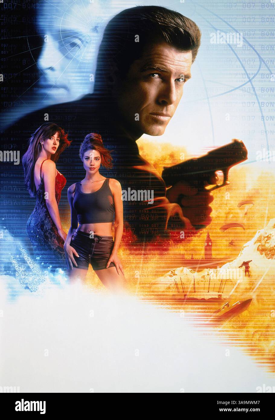November 1999; London, England, Vereinigtes Königreich; der Schauspieler PIERCE BROSNAN spielt die Rolle des James Bond 007, SOPHIE MARCEAU als Elektra King und DENISE RICHARDS als Dr. Christmas Jones in dem von Michael Apted inszenierten Actionfilm „The World is not enough“. Poster abgebildet. Stockfoto