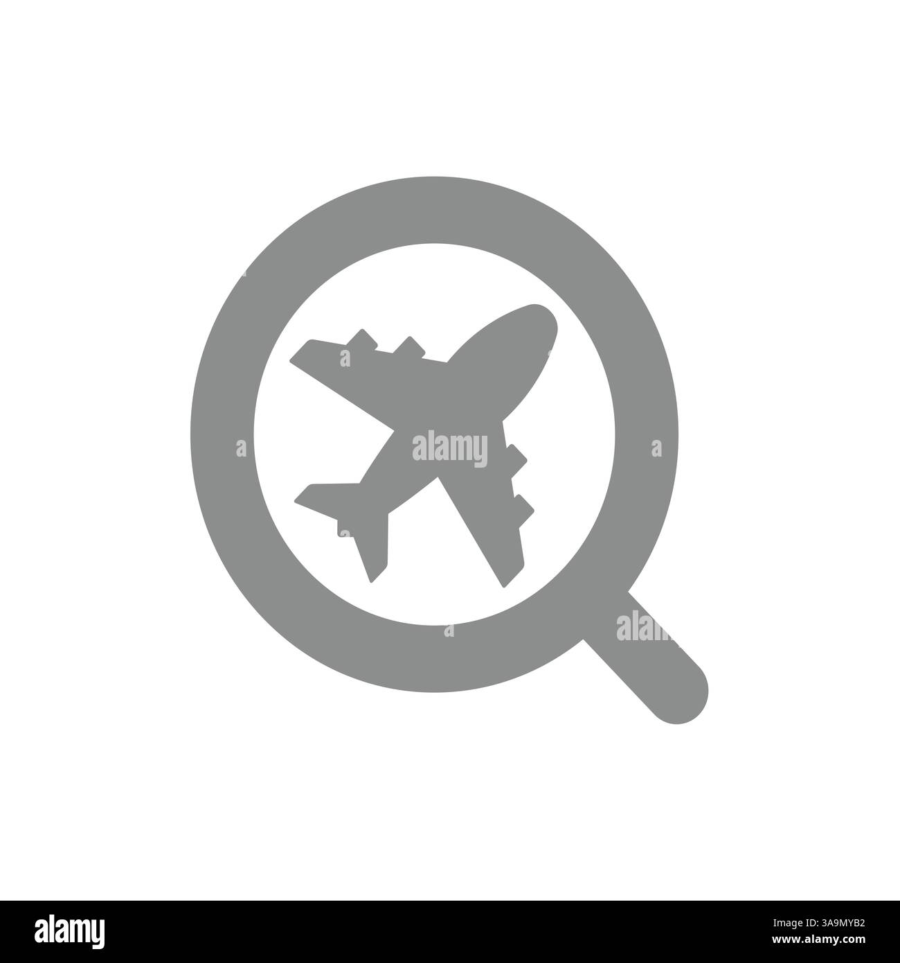 Vektorsymbol für die Suche nach Fluginformationen. Flugzeug mit Lupe, Airline-Website-Symbol. Stock Vektor