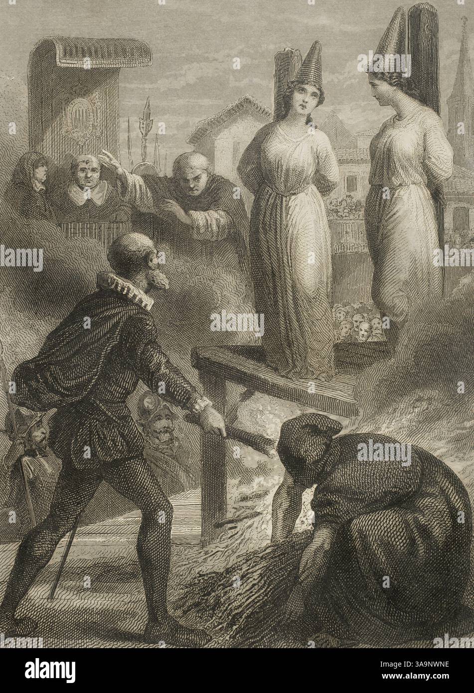 Spanische Inquisition. Auto-de-fe 1581 in Valladolid. Ein Gentleman in der Stadt Valladolid verurteilte seine beiden Töchter, weil sie Luthers Lehre folgten. Sie wurden vom Heiligen Amt inhaftiert und in Kerkern eingesperrt. Die Mönche versuchten vergeblich, sie in den Katholizismus zurückzubringen. Als ihr Vater die Sinnlosigkeit der Situation sah, forderte er die Richter auf, seine Töchter zu verurteilen und sie zum Tode zu verurteilen, und er selbst war es, der das Holz Schnitt, um sie in Brand zu setzen. Kupferstich von J. Furnó. Historia de las persecuciones Políticas y religiosas en Europa Stockfoto