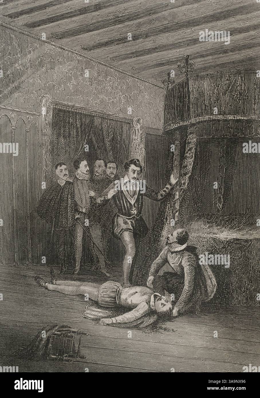 König Heinrich III. Von Frankreich (1551–1589) berief 1588–1589 die Generalstände in Blois ein. Er schwor feierlich, die Ketzerei zu beseitigen. Die Katholiken hatten jedoch mehr Vertrauen in den Führer der Katholischen Liga, Heinrich I. de Lothringen (1550–1588), Herzog von Guise, der kurz vor dem Thron Frankreichs stand und den der König am 23. Dezember 1588 in die Château de Blois eingeladen hatte. Heinrich III. Ließ den Herzog am selben Tag ermorden, was in der Burg stattfand. Der Herzog von Guise wurde von etwa dreißig Schlägen von Schwert und Dolch durchbohrt und vom Herrn von Loignac mit seinem Sturz beendet Stockfoto