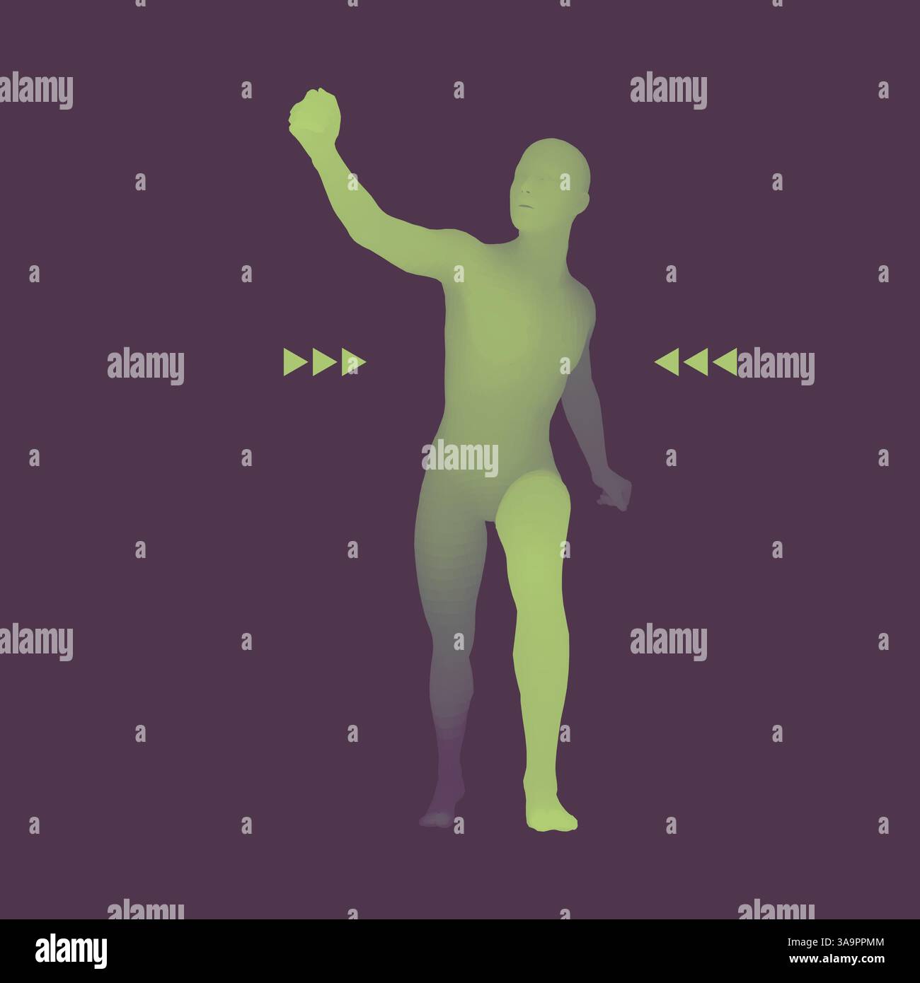 Walking Man. Menschen mit Arm nach oben. Silhouette für Sport Meisterschaft. Den Sieg feiern. 3D-Modell des Menschen. Vector Illustration. Stock Vektor