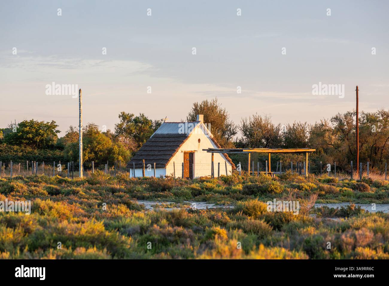 Schutzhütte im Camargue Museum im Licht der aufgehenden Sonne Stockfoto