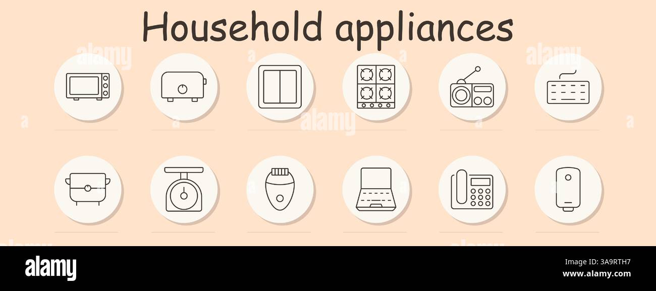 Symbol für Geräteeinstellung. Mikrowelle, Toaster, Schalter, Herd, Radio, Tastatur, Herd, Waage, Epilierer, Laptop, Telefon, Heizkessel, illustrierende Technik, Werkzeuge, Zuhause Stock Vektor