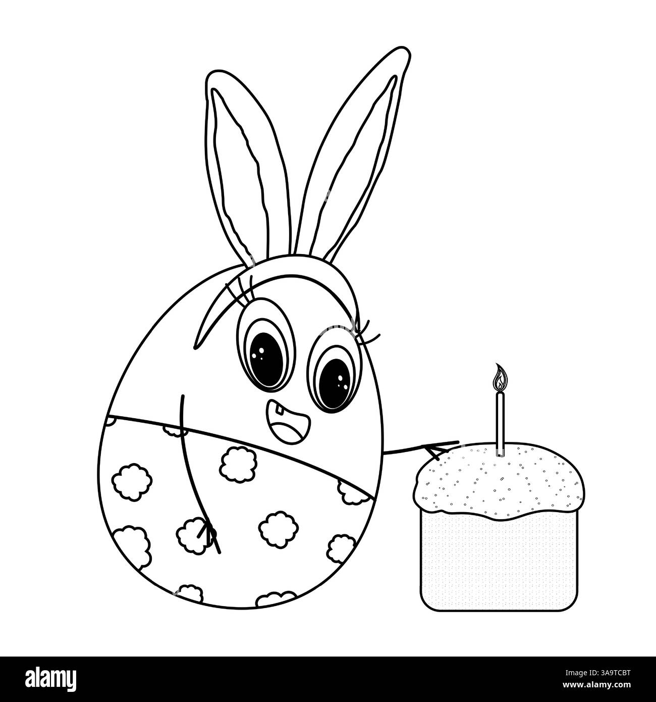 Schwarz-weiße Ostermalseite mit einer fröhlichen anthropomorphen Ostereifigur mit Hasenohren, die ein Stück von einer Ostertorte nehmen. Stock Vektor