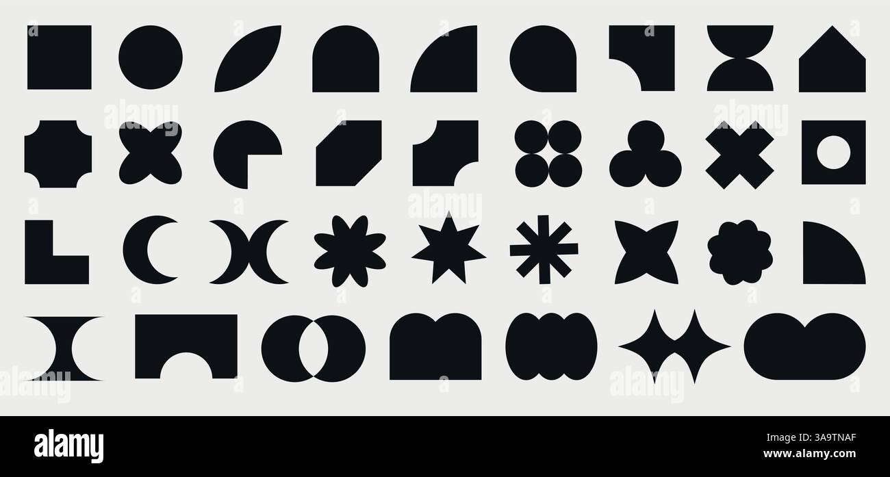Geometrische Formen festlegen, sammeln. Trendiges Set mit verschiedenen Formen. Bauhaus, futuristisch, memphis. Set aus schwarzen bauhausformen, geometrisch Stock Vektor