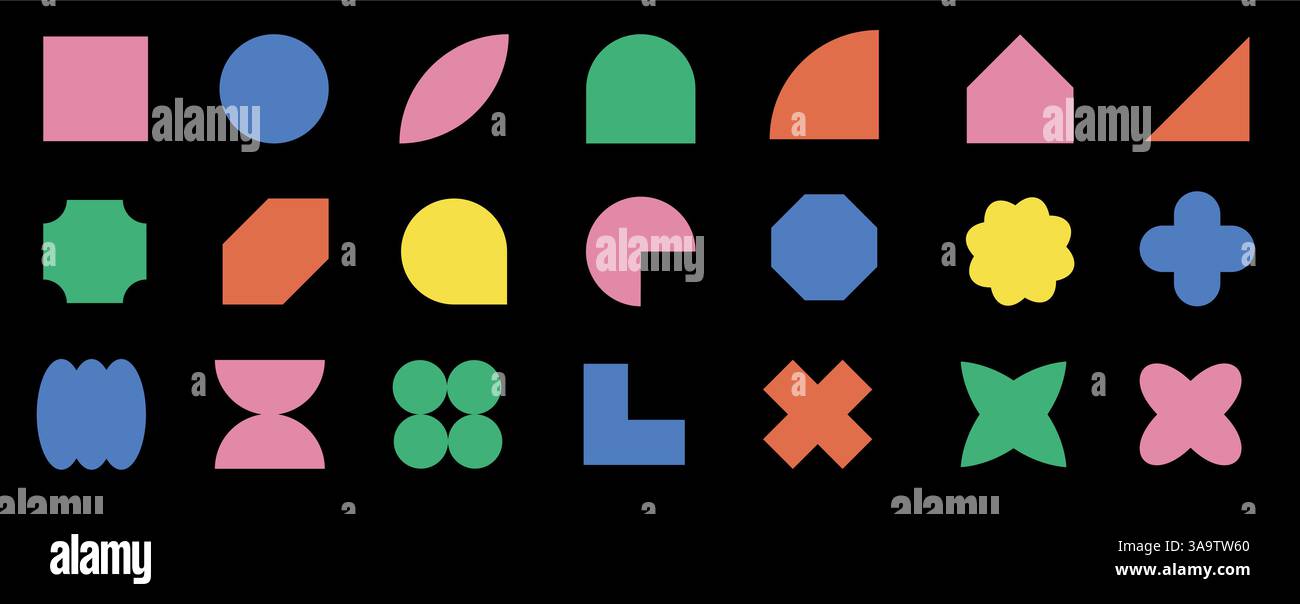 Geometrische Formen festlegen, sammeln. Trendiges Set mit verschiedenen Formen. Bauhaus, futuristisch, memphis. Set aus schwarzen bauhausformen, geometrisch abstrakt Stock Vektor