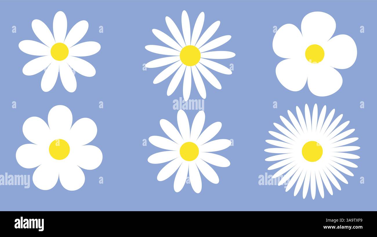 Set aus weißen Gänseblümchen von geometrischen Figuren, Sammlung abstrakter Silhouetten von Blumen Blumen Ikonen isoliert auf weißem einfachen Kamillenset Stock Vektor