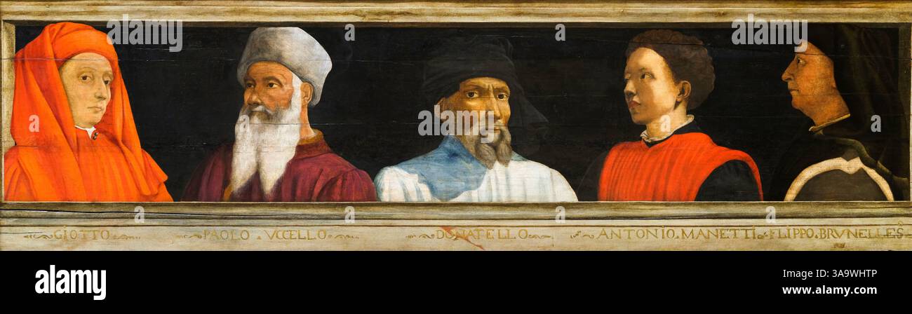 Fünf berühmte Männer der florentinischen Renaissance: Giotto, Paolo Uccello, Donatello, Antonio Manetti und Filippo Brunelleschi, Malerei in Tempera auf Platte, 1500-1550 Stockfoto