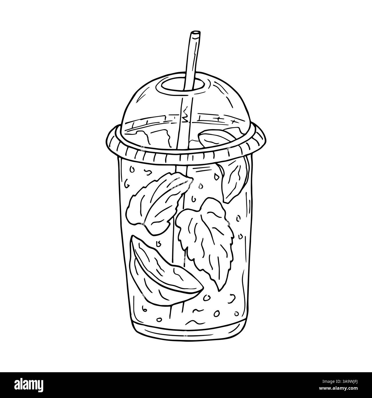 Ein handgezeichnetes Glas mit Limonade, einer Scheibe Zitrone, Minze und Eiswürfeln. Ein Getränk mit erfrischendem Saft, ein kalter Sportcocktail. Vektorillustration im Doodle-Stil, für Menügestaltung, Bars. Stock Vektor