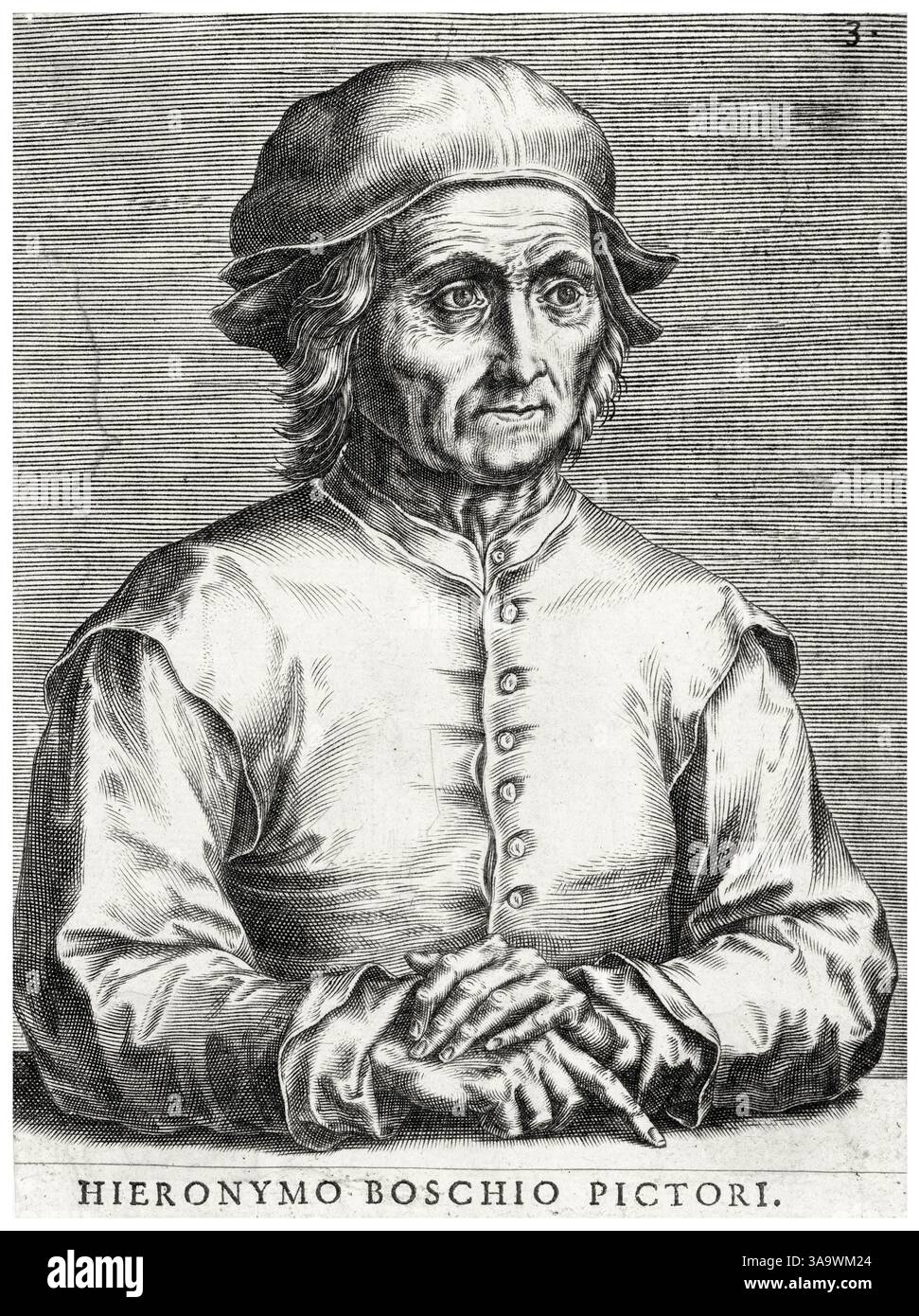 Hieronymus Bosch. Porträtstich des niederländischen Malers Jheronimus van Aken (um 1450–1516) von Cornelis Cort, um 1572 Stockfoto Hieronymus Bosch. Porträtstich des niederländischen Malers Jheronimus van Aken (um 1450–1516) von Cornelis Cort, um 1572 Stockfoto