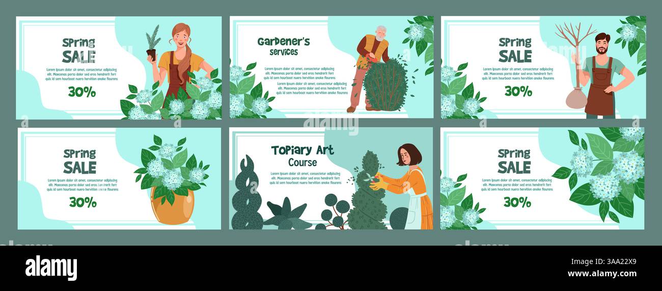 Sammlung von Vektorillustrationen mit Gartenthemen und Frühjahrsaktionen. Enthält verschiedene Charaktere, die sich mit Gartenarbeiten beschäftigen, zeigen Stock Vektor
