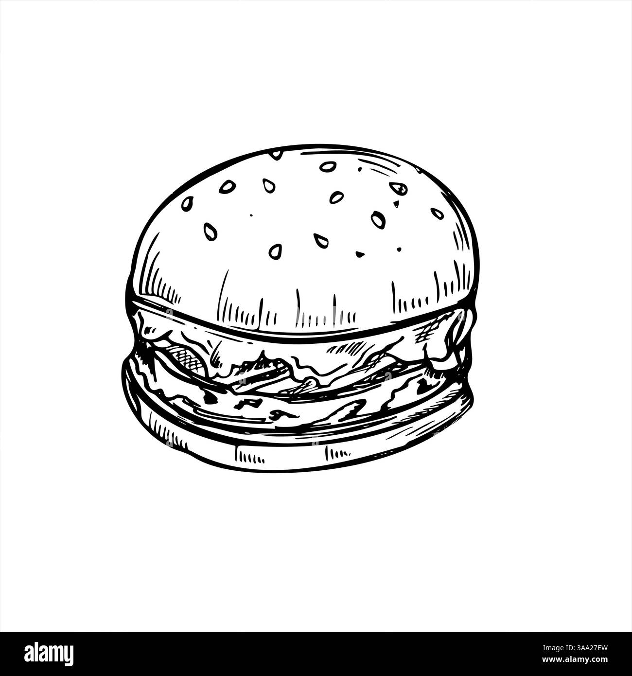 Schwarzweiß-Vektor-Illustration des Burgers mit schwarzer Tinte. Ätzzeichnung eines einzelnen Rinderpastchens mit Salat, Tomate und Zwiebeln in Sesambrötchen. Fastfood Stock Vektor