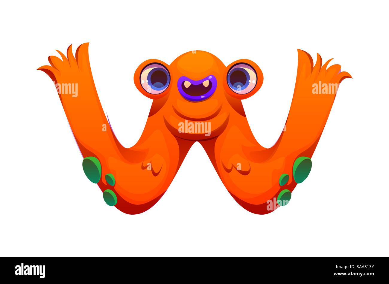 Verrückte Monster Charakter Zeichentrick Schriftart Buchstabe W. Spooky Horror Monster Charakter Kinder ABC Typ Buchstaben, Fantasy Vogelscheuchen Vektor Englisch Alphabet Zeichen. Halloween Kreatur Schriftart Element Stock Vektor