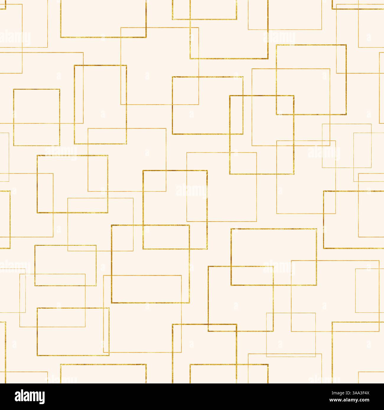 Goldene handgemalte ineinander verwobene Rahmen in verschiedenen Formen nahtloses Muster in zartem Aquarellstil auf weichem Pastellcremehintergrund. Stockfoto