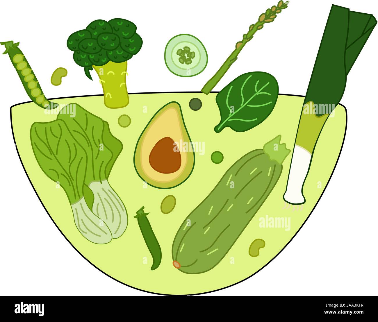 Grüner Salat aus frischem grünem Gemüse, Brokkoli, Avocado, Bok Choi in einer Salatschüssel. Vektorflaches isoliert auf weißem Hintergrund. Für Logo, Web, Paket, Stock Vektor