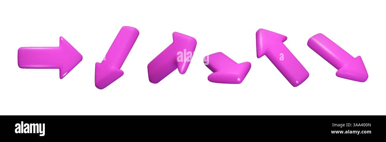 3D-Cursor. Pfeil lila Farbe, holografisches Klicken mit der Maustaste oder Tastaturzeiger. Y2K: Wählen Sie Emoji, Internet Motion Link. Gerades Vorzeichen der Benutzeroberfläche. Navigatio Stock Vektor