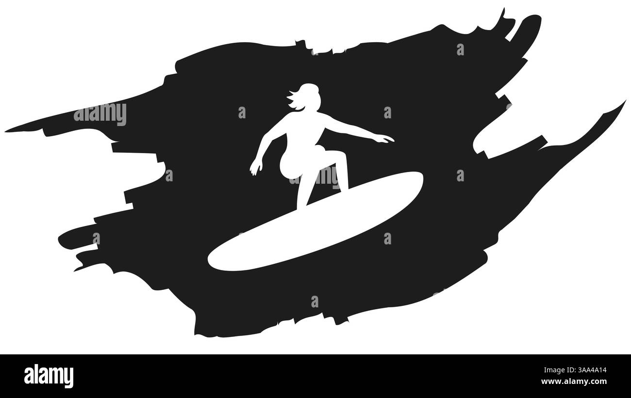 Ein Surfer-Mann in Schwarz-weiß. Im Wellenbanner surfen. Eine Silhouette eines Mannes auf einem Surfbrett. Eine Schwarzweiß-Surf-Illustration. Stock Vektor