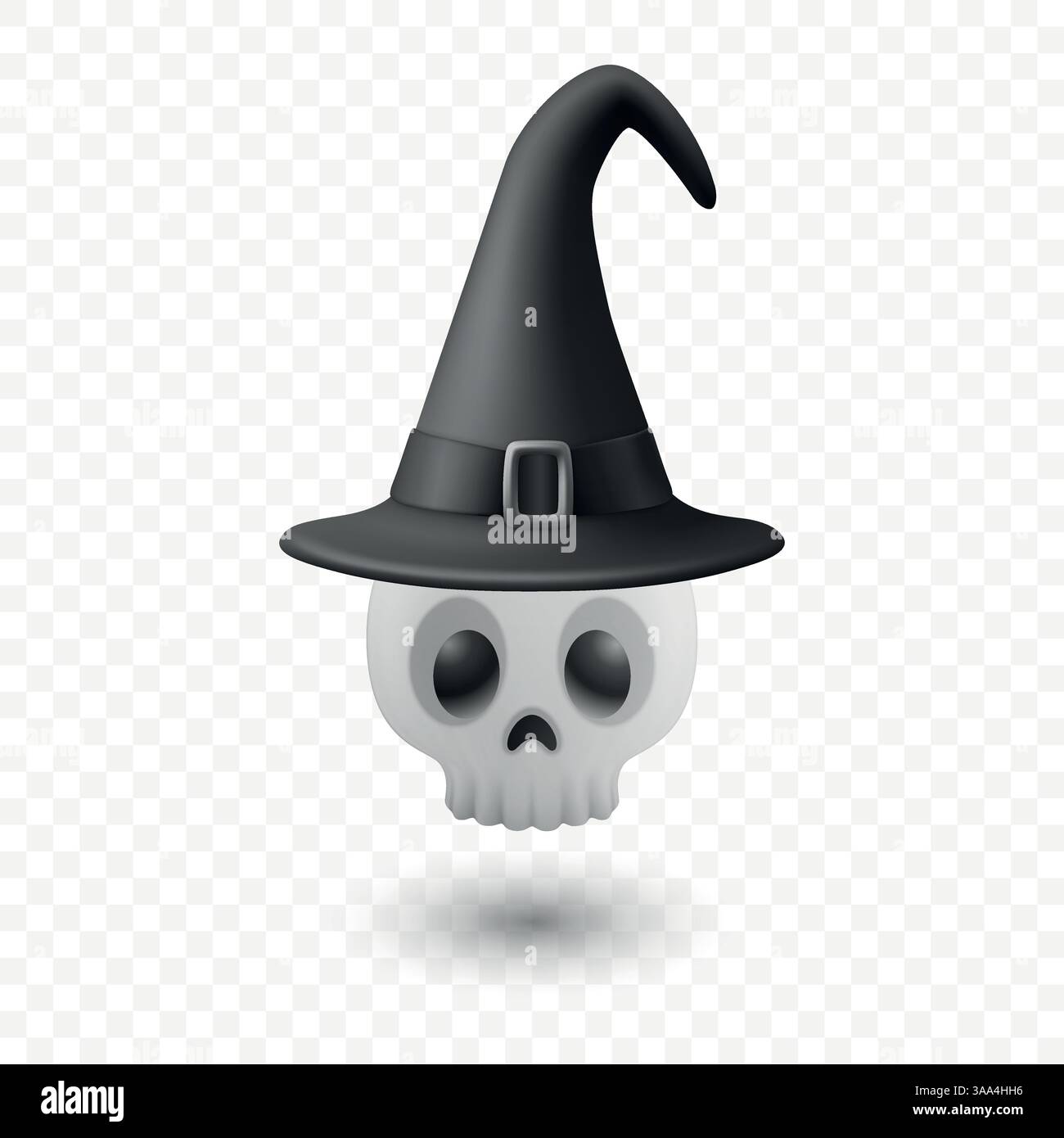 Gruseliger Schwimmender Skull Mit Hexenhut. Gruseliger Halloween-Geist Mit Schatten. Unheimlicher Spukgeist, Magischer Charakter Für Halloween, Schwimmender Kopf Mit Stock Vektor