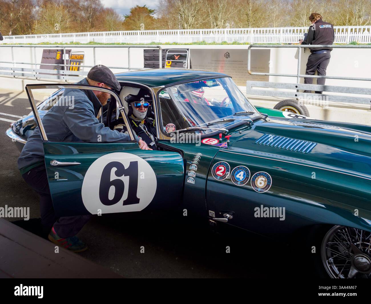 Green E Type Jaguar, 82 Mitglieder Meeting Testing, Goodwood Motor Circuit, West Sussex UK Stockfoto