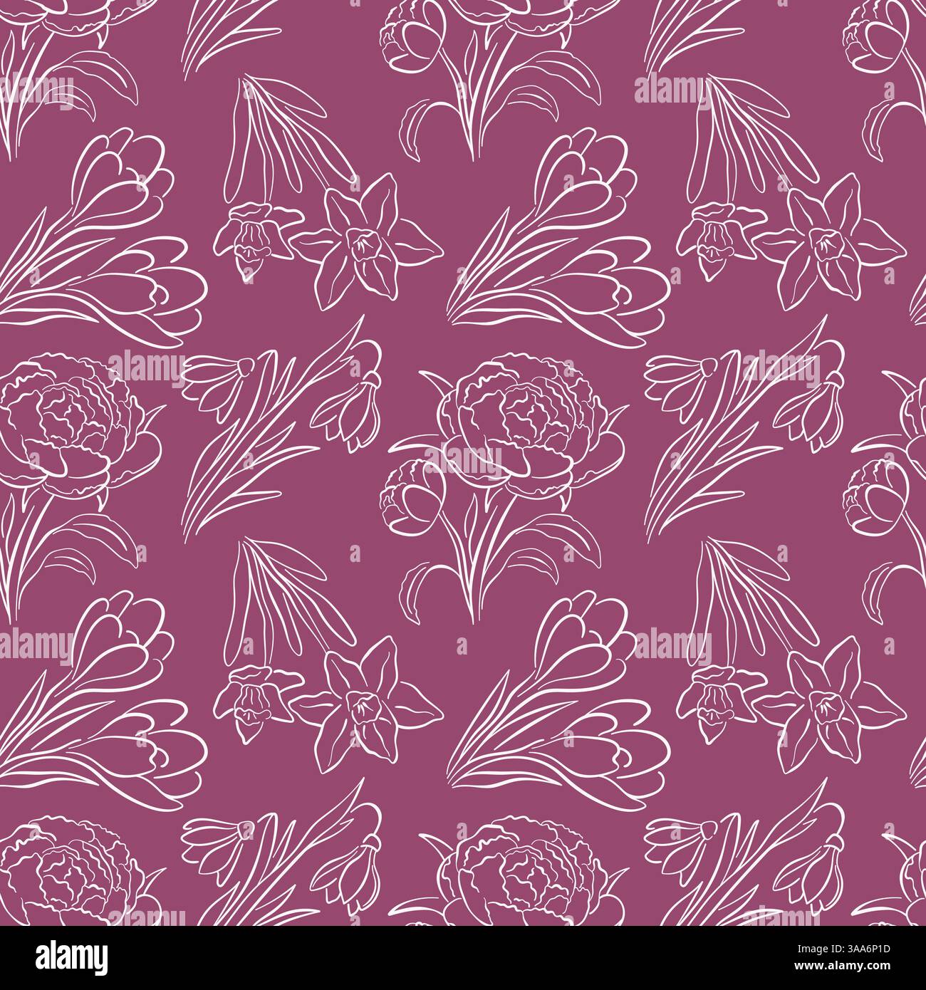 Nahtloses Muster mit Frühlingsblumentulpe, Pfingstrose, Narzissen und Krokus in handgezeichnetem Stil. Einfaches Blumenmuster für Stoff, Geschenkpapier, Aufdruck auf einem Stock Vektor