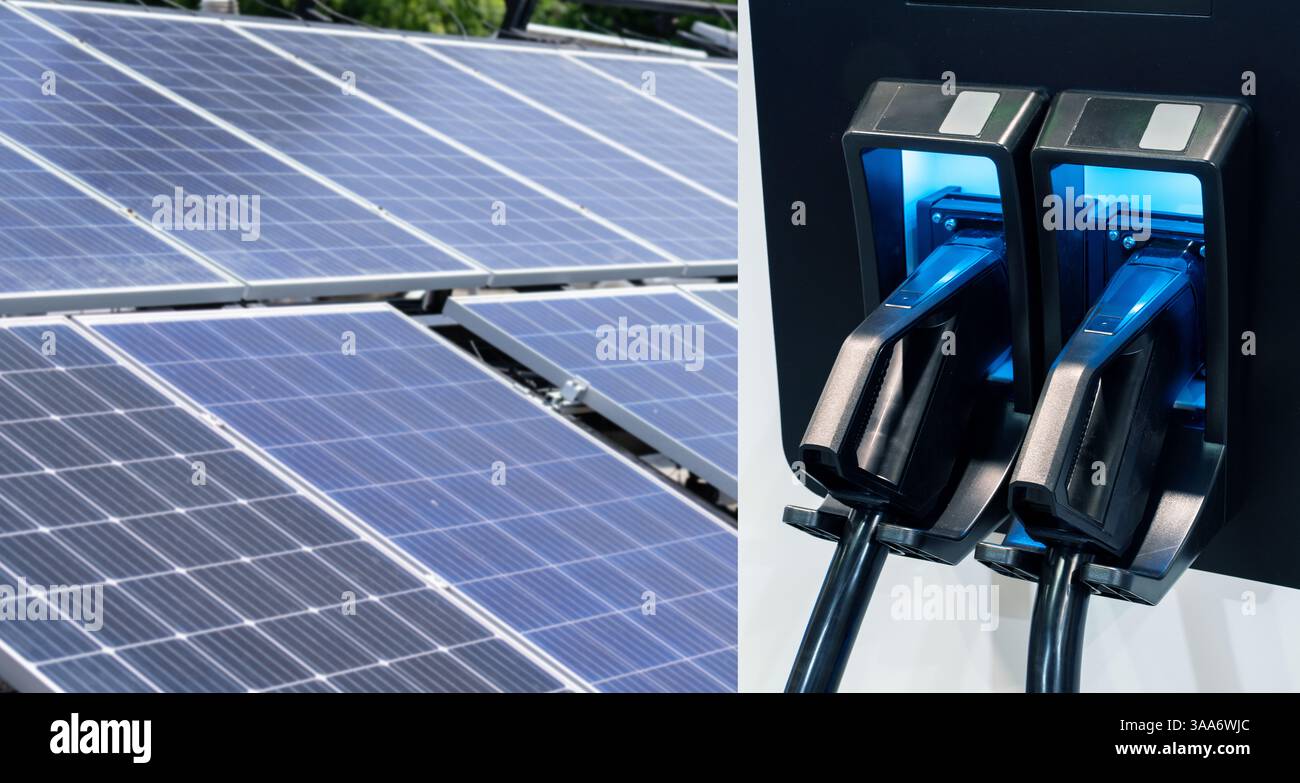 Ladestation für Elektrofahrzeuge, die Energie aus Solarpaneelen bezieht. Nahaufnahme. Stockfoto