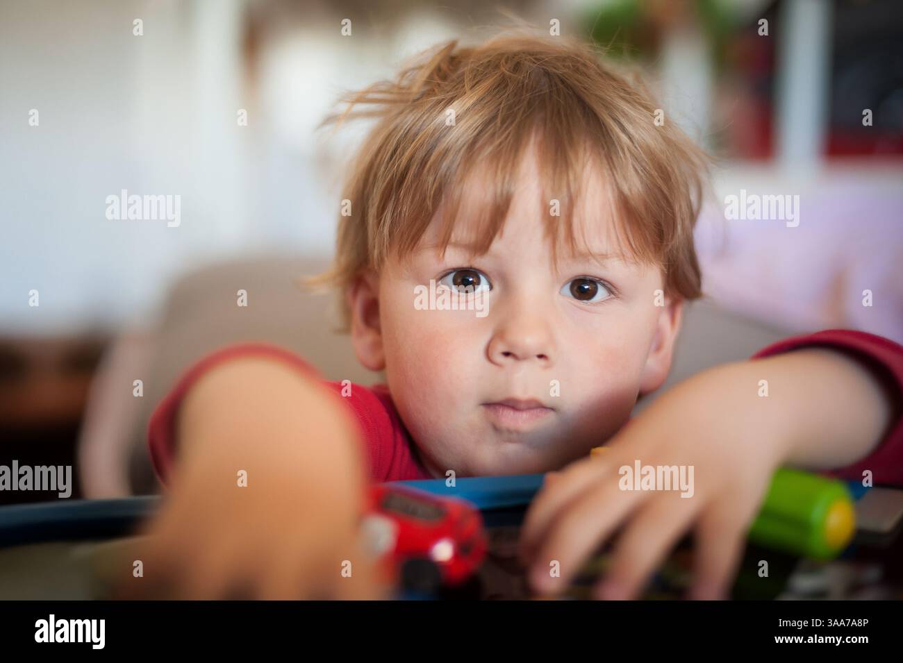 Ein kleiner Junge mit zerzausten Haaren sitzt in einem gemütlichen Wohnzimmer und greift nach bunten Spielzeugen, die vor ihm liegen. Sein intensiver Blick zeigt Konzentration und Hektik Stockfoto