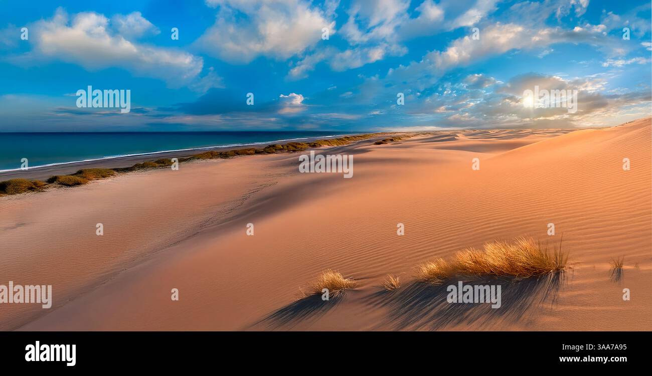 Morgensonnenlicht auf den Sanddünen in der Namib-Wüste an der Skeleton-Küste Namibias, Afrika. Stockfoto Morgensonnenlicht auf den Sanddünen in der Namib-Wüste an der Skeleton-Küste Namibias, Afrika. Stockfoto