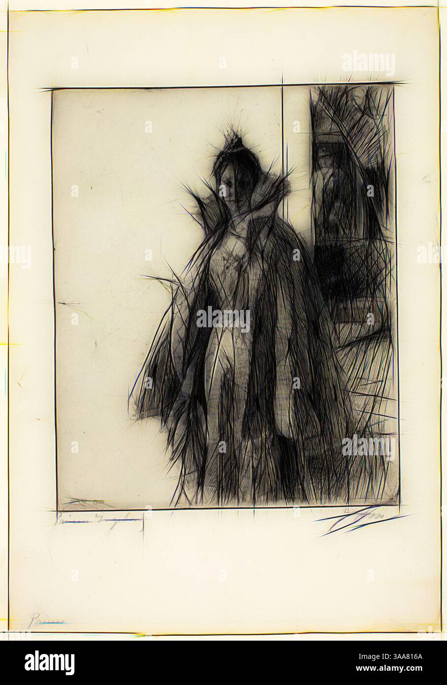 Eine Figur steht anmutig, in einem raffinierten Kleidungsstück mit scharfen Linien und strukturierten Mustern, umgeben von einem abstrakten Hintergrund, der das Gefühl von Bewegung und Tiefe verstärkt. Die Gesamtkomposition weckt ein Gefühl von Intrige und Raffinesse., Klassische Kunst mit modernem Twist neu interpretiert von Artotop, basierend auf H. R. H. Prinzessin Ingeborg von Schweden I, 1900, anders Zorn, Schwedisch, 1860-1920, Schweden, Ätzen auf elfenbeinfarbenem Papier, 301 x 244 mm (Bild/Platte), 445 x 308 mm (Blatt) Stockfoto