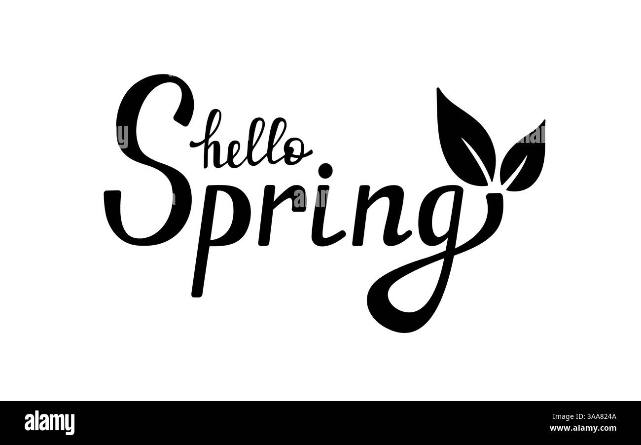 Hello Spring Hand gezeichneter Schriftzug. Zeichentrickillustration, handschriftliche Kalligraphie. Frühlingszitat. Frühlingsgrüße mit Blättern Stock Vektor