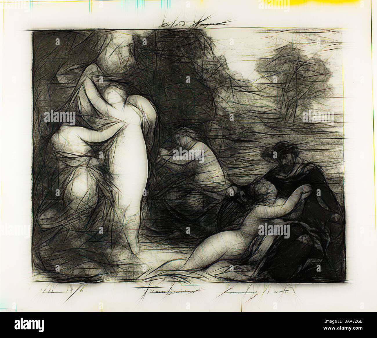 Eine Gruppe abstrakter Figuren spielt in einer dynamischen Komposition mit fließenden Formen und sanften Interaktionen, die ein Gefühl von Intimität und Bewegung hervorrufen. Der Kontrast von Licht und Schatten fügt Tiefe hinzu und hebt die anmutigen Kurven und Ausdrucksformen der Figuren hervor., Klassische Kunst mit modernem Twist neu interpretiert von Artotop, basierend auf Tannhäuser: Venusberg, 1876, Henri Fantin-Latour, Französisch, 1836-1904, Frankreich, Lithografie in Schwarz mit Schaben auf Stein auf grau-elfenbeinfarbenem Chine, abgelegt auf dickem Elfenbein-Webpapier, 409 x 502 mm (Bild), 410 x 505 mm (Primärblatt), 498 x 598 mm (Sekundärblatt) Stockfoto