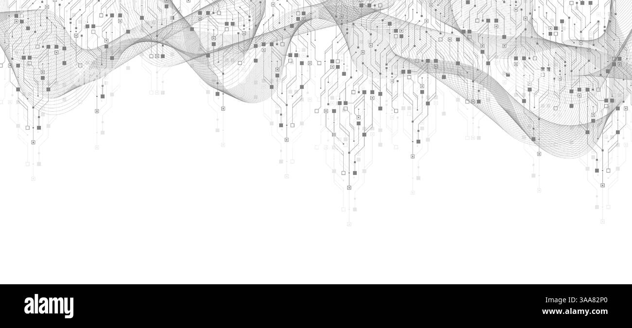 Künstliche Intelligenz oder Vektordesign für maschinelles Lernen. Quantencomputertechnologie-Konzept mit Leiterplatten- und Motherboard-Textur-Hintergrund Stock Vektor