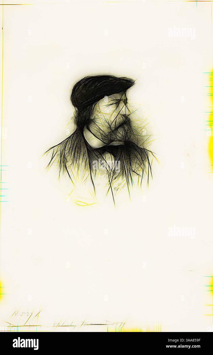 Eine geheimnisvolle Figur ist in einen ätherischen Dunst gehüllt, mit scharfen Linien, die ein Gefühl von Bewegung und Emotionen vermitteln. Die schwachen Umrisse deuten auf einen kontemplativen Ausdruck hin, umgeben von einem abstrakten Spiel aus Licht und Schatten., Klassische Kunst mit einem modernen Twist neu interpretiert von Artotop, basierend auf Portrait of Daubigny, 1879, Léopold Massard, Französisch, 1812-1889, Frankreich, Ätzen auf elfenbeinfarbenem Papier, 90 x 82 mm (Bild), 160 x 113 mm (Platte), 235 x 153 mm (Blatt) Stockfoto