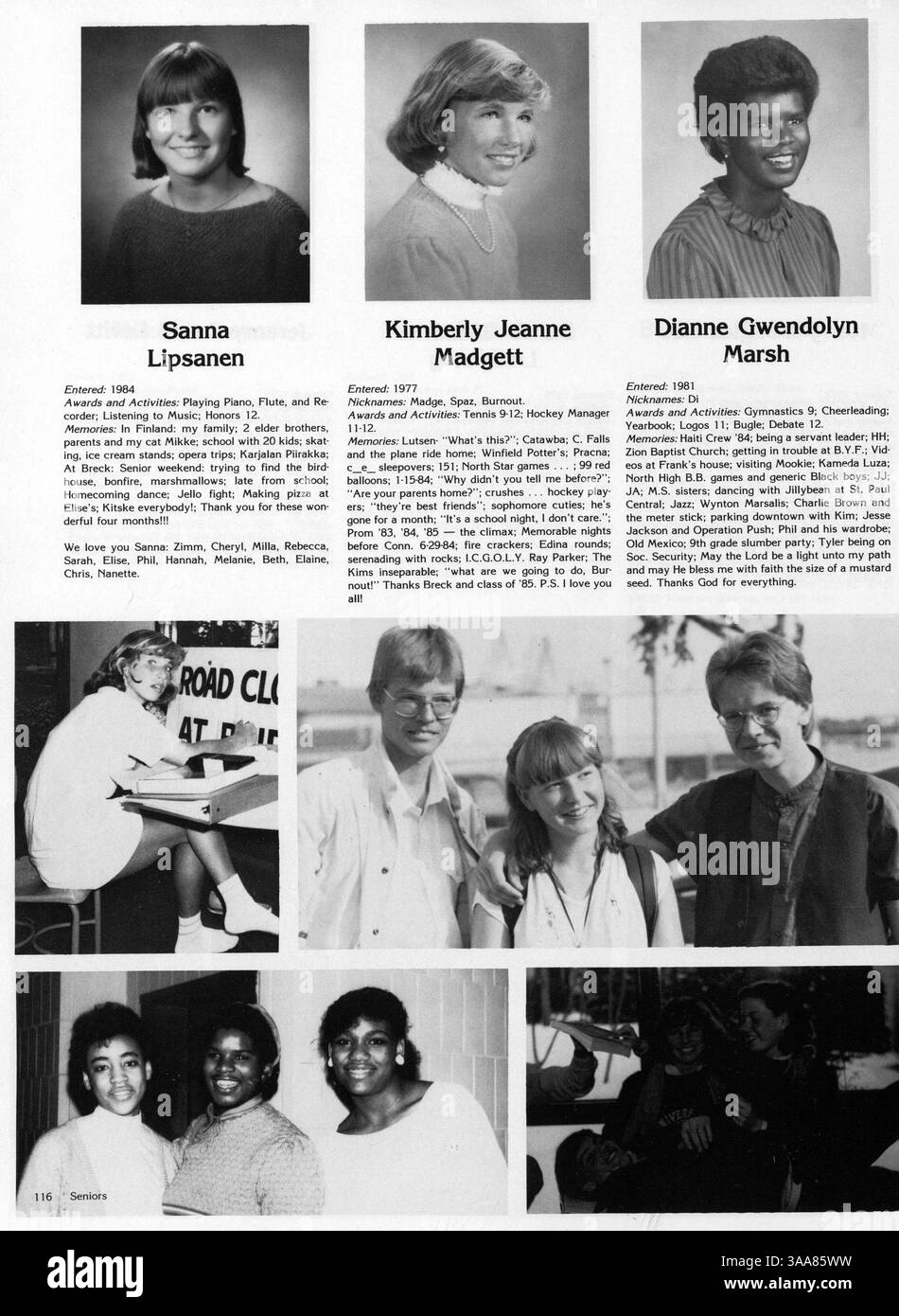 Das Jahrbuch Breck Mustang 1985 enthält Fotos von Klassen, Studentenclubs, sportliche Highlights und die Beteiligung der Lehrkräfte während des Schuljahres 1984-1985. Stockfoto