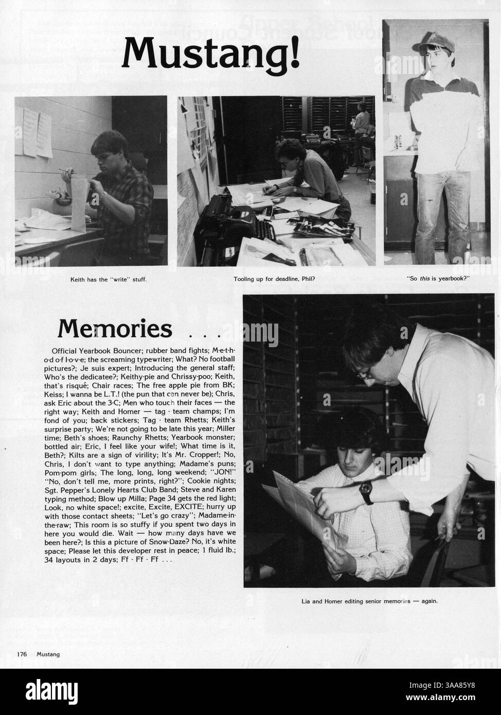 Das Breck Mustang Jahrbuch 1985 gibt einen Überblick über das Schuljahr 1984-1985 und dokumentiert Schüler, Leichtathletik, Vereine und akademische Aktivitäten. Stockfoto