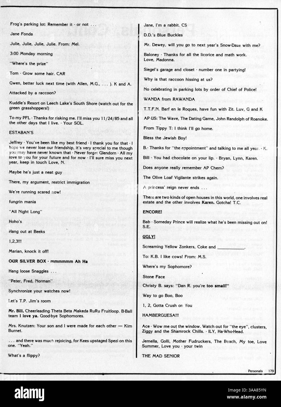 Dieses Jahrbuch von Breck Mustang 1985 bietet einen umfassenden Einblick in das Schuljahr 1984-1985 und dokumentiert akademische, sportliche und außerschulische Veranstaltungen. Stockfoto