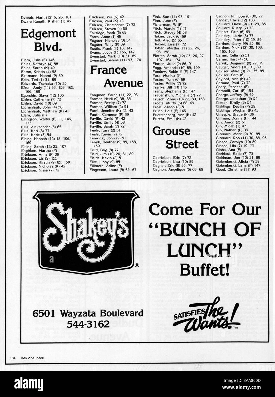 Das Breck Mustang Jahrbuch 1985 dokumentiert das Schuljahr 1984-1985 und hebt Schüler, Lehrer, Vereine, Leichtathletik, und Schulveranstaltungen. Stockfoto