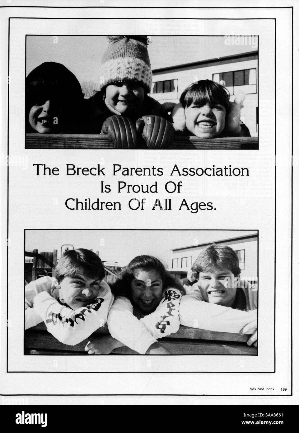 Das Breck Mustang Jahrbuch 1985 dokumentiert wichtige Momente aus dem Schuljahr 1984-1985, wie Schülerleistungen, Leichtathletik und außerschulische Aktivitäten. Stockfoto