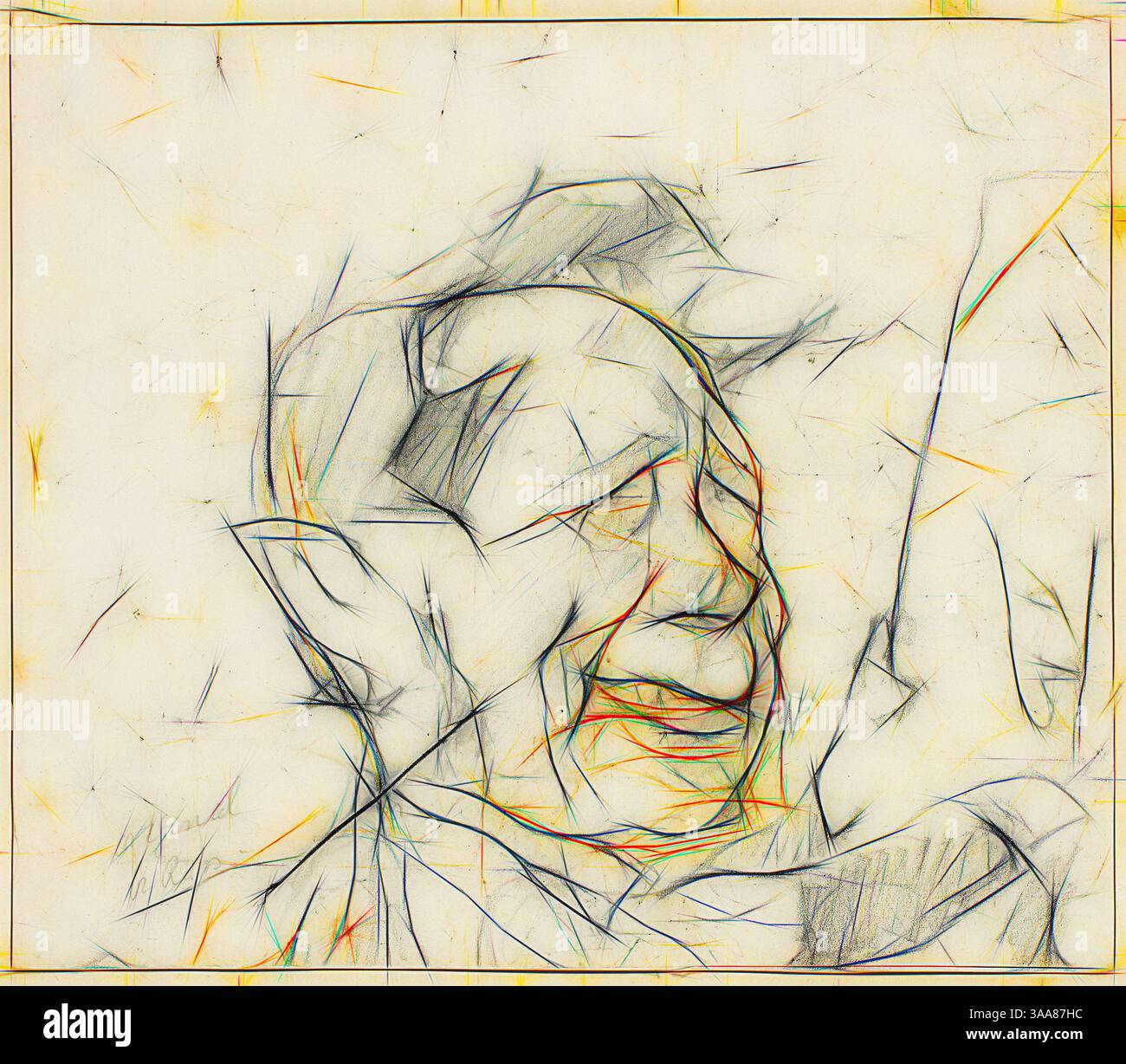 Ein stilisiertes Porträt eines älteren Mannes mit ausdrucksstarken Linien und lebhaften Strichen, die ein Gefühl von Weisheit und eine Reihe von Emotionen einfangen. Die Komposition verbindet geometrische Formen mit organischen Formen und schafft ein dynamisches Zusammenspiel von Licht und Schatten um den nachdenklichen Ausdruck des Motivs., Klassische Kunst mit einem modernen Twist neu interpretiert von Artotop, basierend auf Sketch of Ferdinand Marinus, ca. 1857, Félicien ROPS, Belgisch, 1833-1898, Belgien, Graphit, mit rotem Conté-Buntstift und schwarzem Buntstift, auf grau-elfenbeinfarbenem Webpapier, Spitze auf cremefarbenem Büttenpapier, 139 x 161 mm Stockfoto