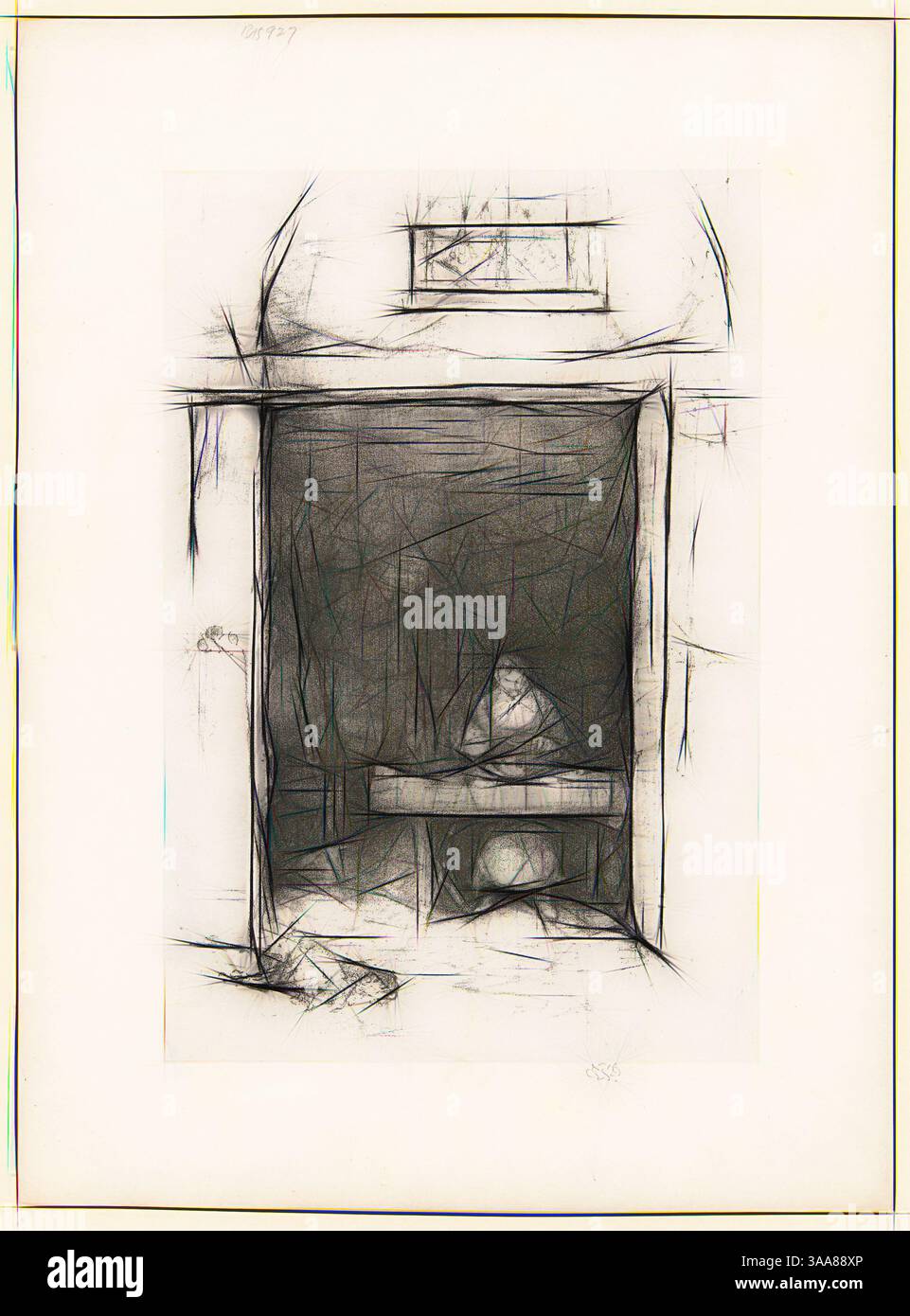 Eine Figur sitzt an einem Tisch in einem spärlichen, schattigen Innenraum, umgeben von rauen, strukturierten Wänden. Licht filtert durch ein kleines Fenster und verleiht der Szene einen Hauch von Einsamkeit und Besinnung. Klassische Kunst mit modernem Touch, neu gestaltet von Artotop, basierend auf The Smith, Passage du Dragon, 1894, James McNeill Whistler, Amerikaner, 1834-1903, USA, Transfer-Lithographie in schwarz mit Stumpf, auf grauweißem Chine, auf elfenbeinfarbenem Plattenpapier abgelegt, 253 x 162 mm (Bild), 257 x 172 mm (primäre Stütze), 342 x 253 mm (sekundäre Stütze) Stockfoto