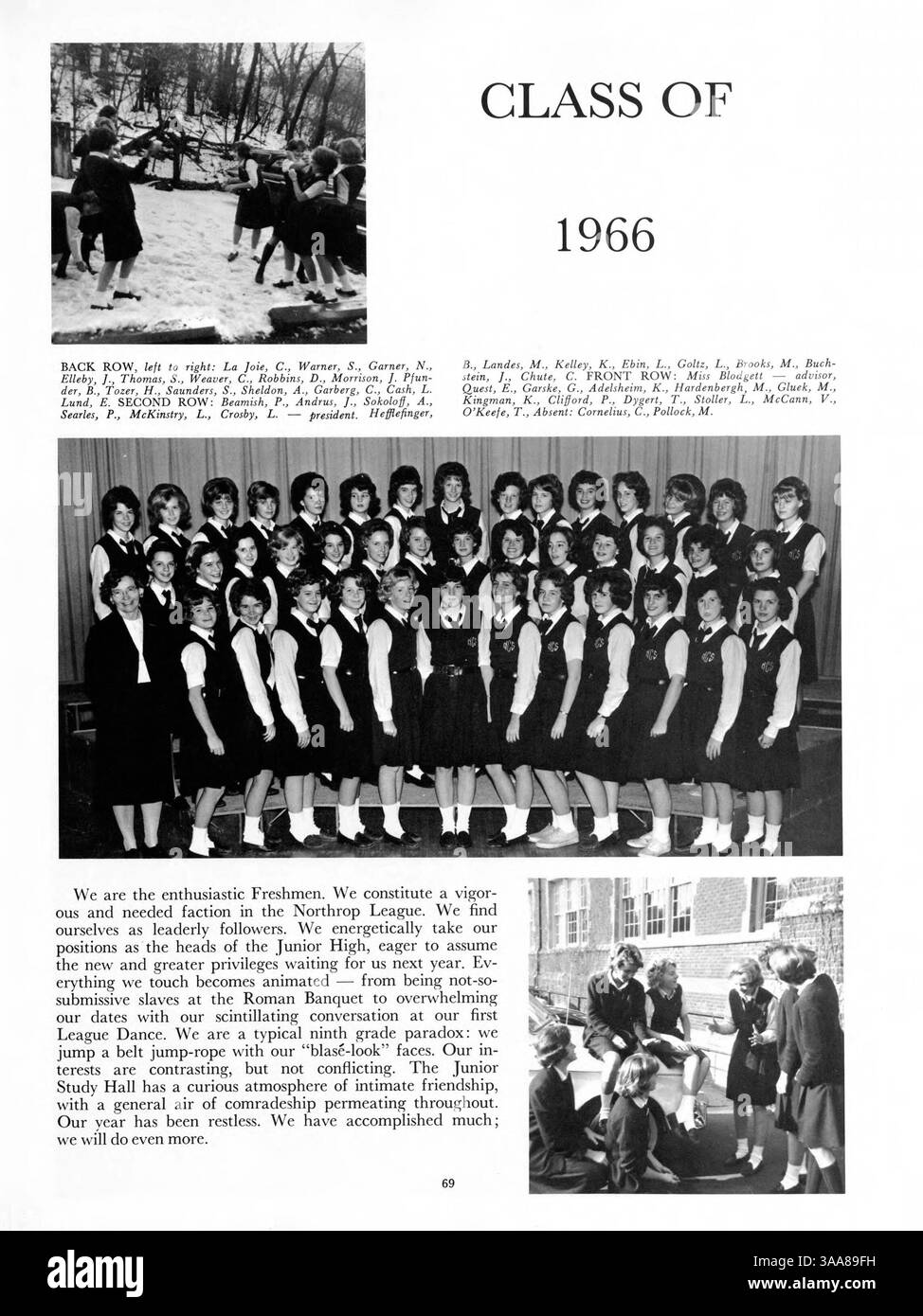 Das Jahrbuch Tatler 1963 von Northrop Collegiate behandelt Studenten, Dozenten, Leichtathletik, Vereine und andere Schulveranstaltungen aus dem akademischen Jahr 1962-1963. Die Werbung wurde von den Seiten 133-134 und 153 bis 154 entfernt. Stockfoto