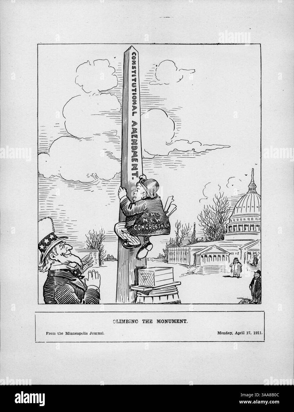 Dieser politische Zeichentrick zeigt einen neuen Kongressabgeordneten, der darum kämpft, den Obelisk einer Verfassungsänderung zu erklimmen, was die Herausforderungen symbolisiert, die mit der Verabschiedung der Rucker-Resolution für die direkte Wahl der Senatoren verbunden sind. Stockfoto
