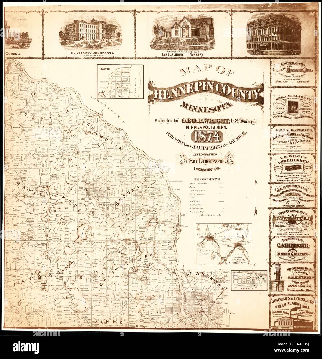 Diese Karte des Hennepin County, Minnesota, enthält allgemeine Informationen über den nordöstlichen Teil, die Wohngebiete in unplattierten Gebieten anzeigen. Kleine Karten von Städten wie Champlin, Dayton, Excelsior, Minnetonka Mills, Osseo, und Wayzata sind um die Grenze herum angeordnet. Es enthält auch eine Karte der wichtigsten Gebäude in Minneapolis und Bilder von bedeutenden Residenzen und Unternehmen, darunter das Globe Hotel und die University of Minnesota. Stockfoto